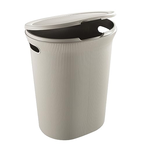 Image of Superio Ribbed Collection - Decorative Plastic Laundry Hamper with Lid and Cut-Out Handles, Taupe (1 Pack) Basket Organzier for Bedroom Bathroom College Dorm Room 40 Liter