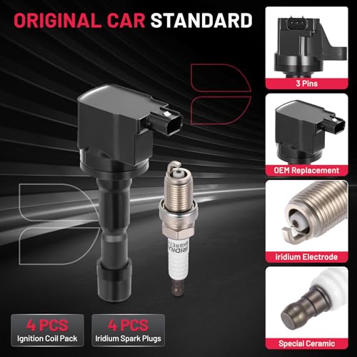 Image of BDFHYK 4 Ignition Coil Pack UF626 and 4 Iridium Spark Plug 7092 Compatible with Honda 2011-2016 CR-Z 1.5L l4 Coil for 30520RB0003 30520RB0013