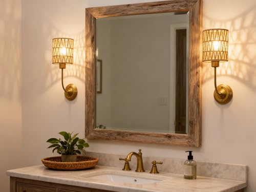 Image of Yosoan Set of 2 Rattan Boho Wrapped Wall Sconce Light, Indoor Hardwired Gold Hand-Woven Farmhouse Vintage Lamps, Brass Braided Rope Shade Wall Mount Fixture for Reading Bedroom(Antique)