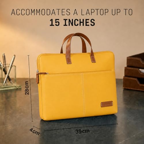 Image of Giftana 7 in 1 Laptop Bag and Laptop Stand with Personalized Diary & Pen, Keychain, Card Holder, Mobile Stand Set, Customized Gift for Husband, Employee Welcome Kit, Corporate Gift for Employees (Yellow)