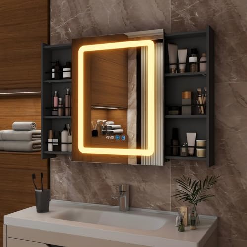 YU YUSING Spiegelschrank Bad mit LED Beleuchtung 55-103x16x70cm, Badezimmerschrank mit 2 verschiebbare Stauräume 6 Regale, LED Spiegel, Beschlagfrei, 3 Farben Dimmbar, Wasserdicht, Badschrank Schwarz