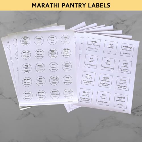 Desibels 136 Printed Indian Marathi Bilingual Plus 40 Blank Kitchen Pantry Labels, Minimalist, Waterproof, Dishwasher-Safe, Easy to Remove and Re-Stick