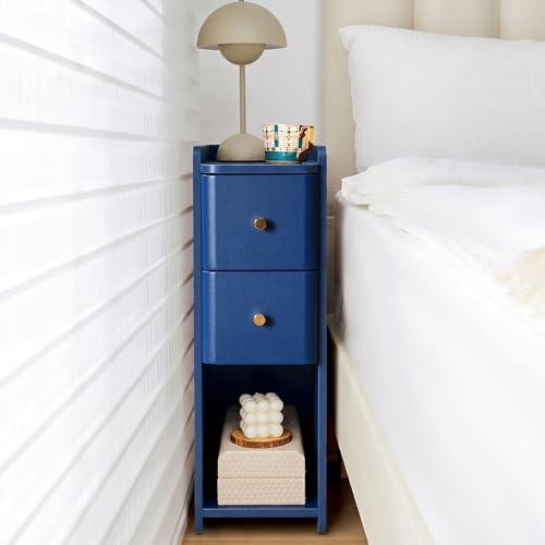 Image of FurSch Narrow Nightstand, Wooden 2 Drawer, Slim Side End Table, Blue, 1 pc