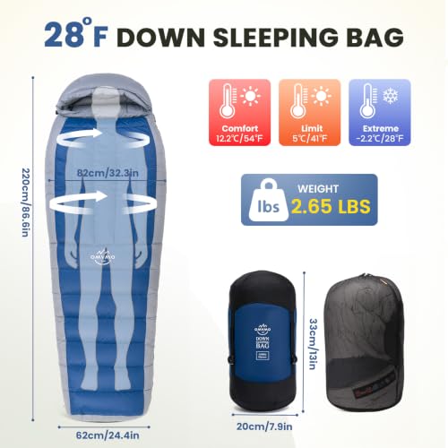 Bolsa de dormir Mummy Down, relleno 600 Fill Power, ligera y compacta, para clima frío y cálido, para camping adulto miniatura 2