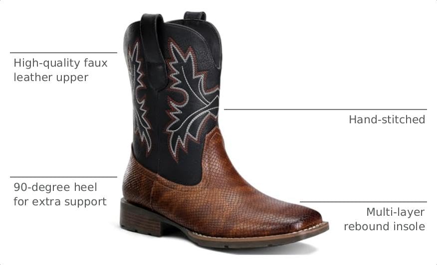 Image of Lumeheel Cowboy Boots for Men - Western Men's Boots with Classic Embroidered, Slip on Square Toe Boots, Slip Resistant Country Boots Chunky Heel Ankle, Durable Short Boots for Spring Fall