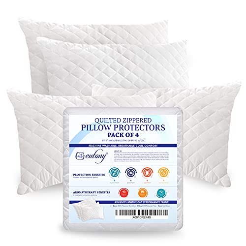 Eutony Pillow Protectors 4 Pack Quilted Zipped - Ultra Luxe Zipped Pillow Protectors Quilted Pillow Protector Soft & Breathable Hypoallergenic 50 x 75cm - White (Quilted Pack of 4 | 50x75 cm)