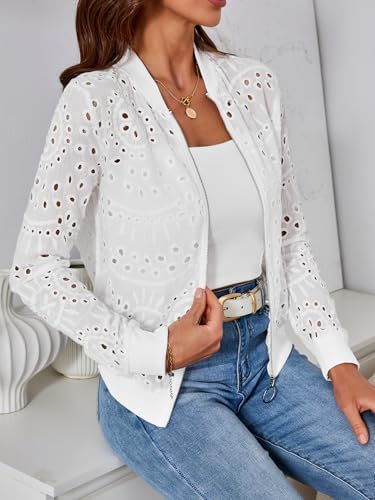 SweatyRocks Women's Bomber Jacket Eyelet Embroidery Long Sleeve Casual Hollow Out Lightweight Zipper Up Jacket4