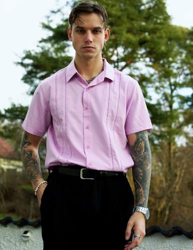 Image of COOFANDY Mens Cuban Guayabera Shirt Short Sleeve Button Down Shirts Summer Beach Vacation Shirts