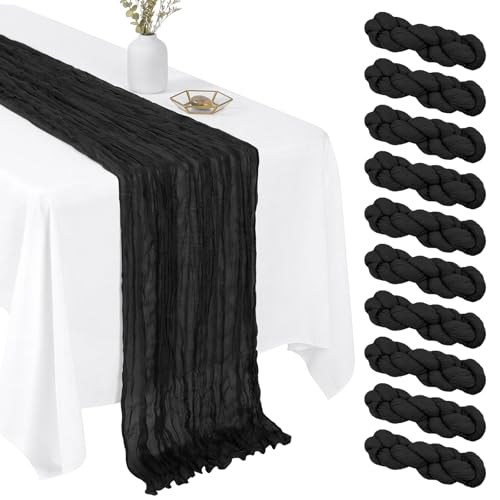 10 Pack Black 17 x 108 Inch Cheesecloth Table Runner - Boho Gauze Sheer Fabric for Wedding Baby Shower Party Home Decor