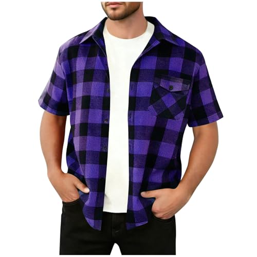 Mens Plaid Shirt Jacket Short Sleeve Button Down Flannel Shirts Summer Bussiness Casual Blouse Tops with Pocket Purple
