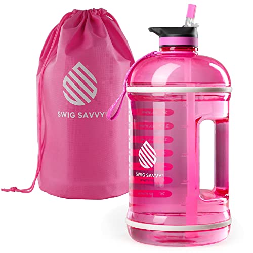 Swig Savvy Motivational Time Marker Water Bottle with Straw Lid and Storage Sleeve, Red, 44 OZ