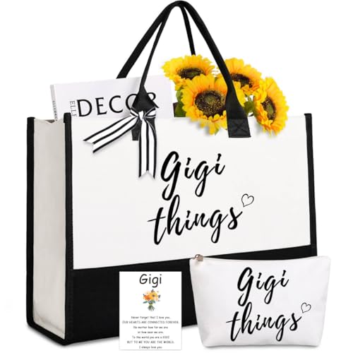 Lamyba Gigi Gifts - Gigi Things Tote Bag with Makeup Pouch - Mother's Day Gift for Gigi, Grammy, New Grandma - Birthday, Christmas, Baby Shower Gifts