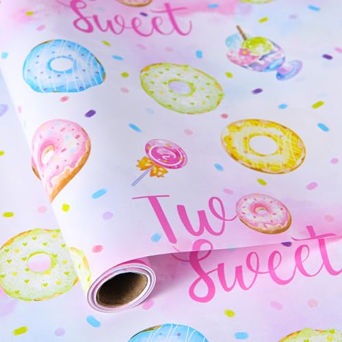 Titiweet Two Sweet Birthday Wrapping Paper - 17 in x 16.4 ft - Donut & Candy Gift Wrap Roll for Girls 2nd Birthday, Sweet Theme Party Supplies(Sweet)