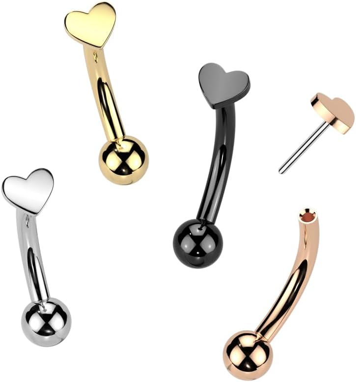 Pierced Owl 16GA ASTM F-136 Implant Grade Titanium Threadless Push-In Heart Top Eyebrow Curved Barbell