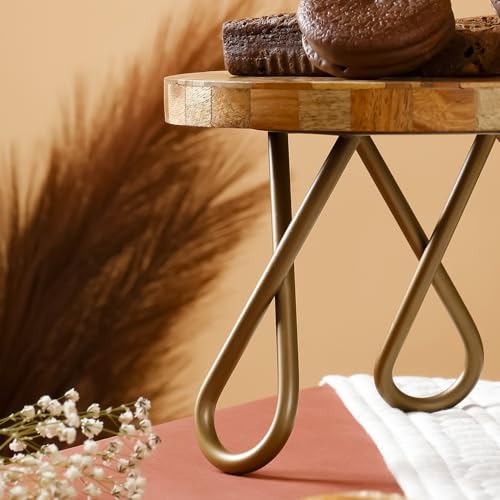 Image of CASADECOR Neo Abstract Wood & Metal Pizza Cake Stand | 8-Inch Round Decorative Dessert Display & Serving Stand for Cakes, Pastries & Table Decor (Brown, Pack of 1)