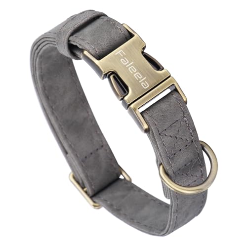 Faleela Hundehalsband aus Leder, langlebig, strapazierfähig, mit Schnellverschluss-Metallschnalle, verstellbar für große, mittelgroße und kleine Hunde (Grau, M)