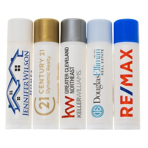 Bulk Custom Lip Balm 100 Pack - Personalized Realtor Branding & Logo | Real Estate Pop-By Gifts, Open House Giveaways, Closing Day Gift Bag Fillers - Made with Vitamin E & Aloe