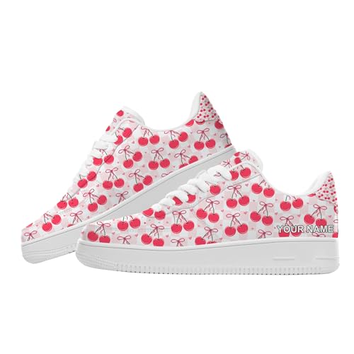 Unique Custom Name Low-Top Sneakers for Womens, Personalized Cute Cherry Print Casual Everyday Walking Comfortable Outdoor Shoes, White Fashion Sneakers for Women