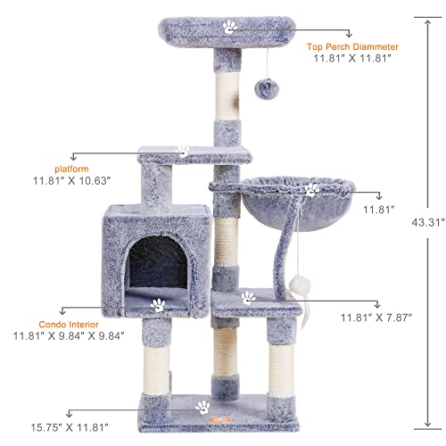 Image of Heybly Cat Tree with Toy, 43.3 inch Cat Tower for Indoor Cats HCT004SPE | Cat Condo with Durable Sisal Scratching Posts, Cat House with Padded Plush Perch, Cozy Hammock, Smoky Gray