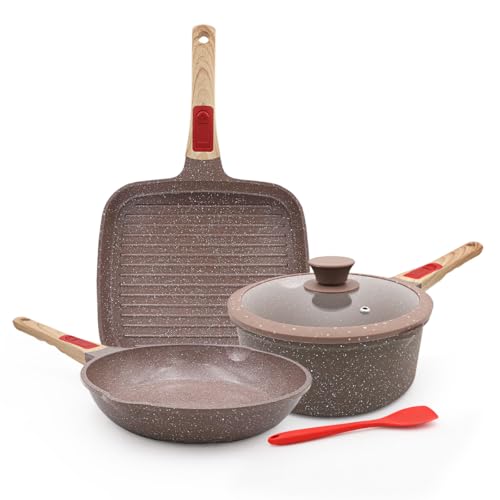 AIKENBBKK Set di Pentole e Padelle da in Ceramica 5 pezzi, Padella 24 cm con Coperchio, Casseruola 20 cm, Padella per Grigliare 24 cm, con Rivestimento in Ceramica Antiaderente e Manico Rimovibile