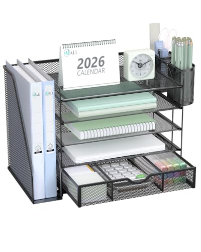 Image of WALI Desk File Organizer, 5 Tier Desktop Paper Letter Tray Organizer with Drawer and 2 Pen Holders, Office Desk Accessories & Workspace Organizers for Office, Home Supplies(DO006DH-B), 1 Pack, Black