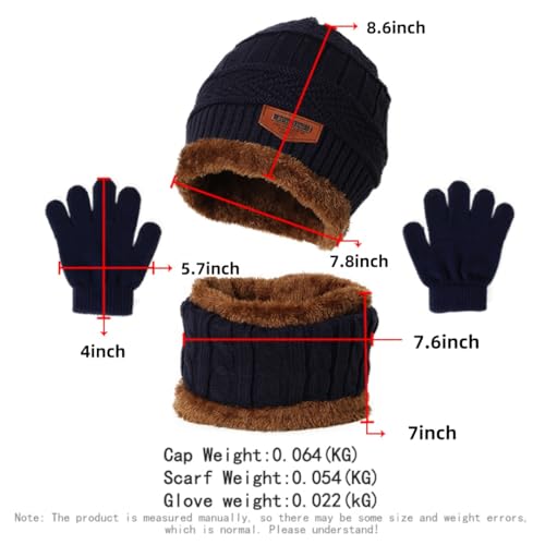 3PCS Children's Winter Hat Scarf Gloves Set 3-9 Years Boys and Girls Knitted Hooded Fleece Hat Warm Scarf (Navy Blue)3
