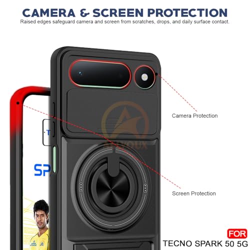 Image of Tecno Spark 50 5G Back Cover | Armor Camera Slider 360 Degree Rotating Finger Ring Holder Case with Bracket Stand Back Case Cover (Compatible with MagSafe Accessories) (Black)