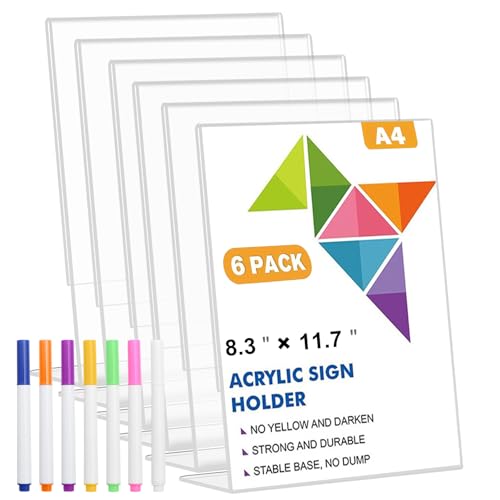 ZYNERY 6er Pack Acryl Schilderhalter, Schräg Tischaufsteller a4 Werbeständer/L-Ständer, ideal für Fotos, Cafés, Restaurants, Ausstellungen, Büros, Werbeaktionen, transparenter L Form Ständer