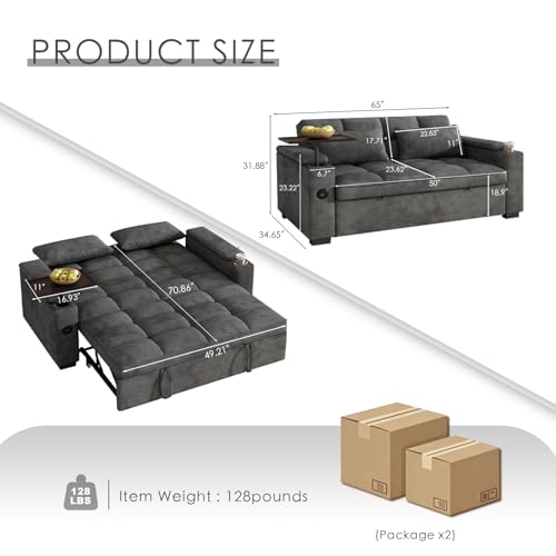 Image of Dreamzie 65'' 3 in 1 Convertible Sleeper Sofa Bed, Chenille Pull Out Couch for Living Room with 90 Swivel Side Table, Loveseat Sleeper with Charging Port | Side Pocket | Cup Holders, Grey