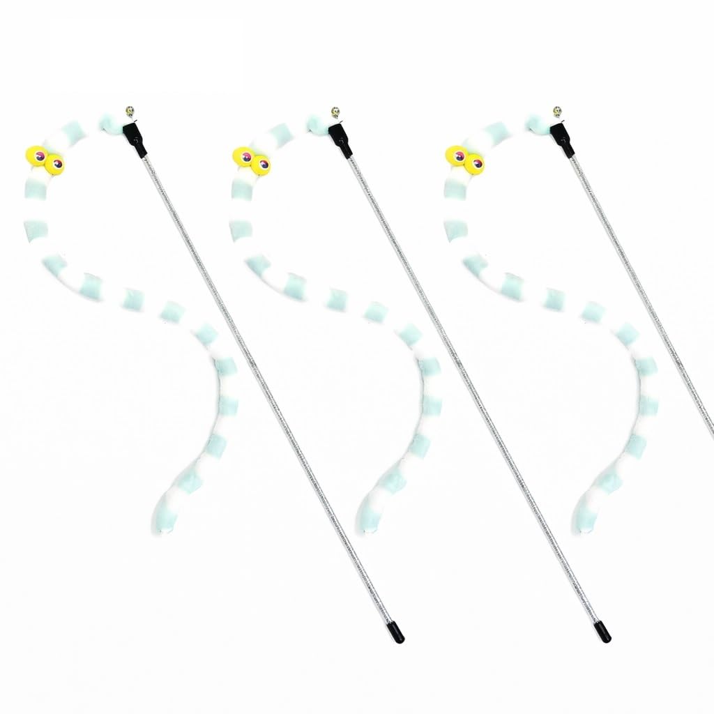 ZACAL Cat Toy Wand Teaser, Interactive Play Set with Rainbow Ribbon, Feather and Plush Worm Attachments, 3 Pack (Mint Green Stripe Caterpillar (Pack of 3)) — image 1
