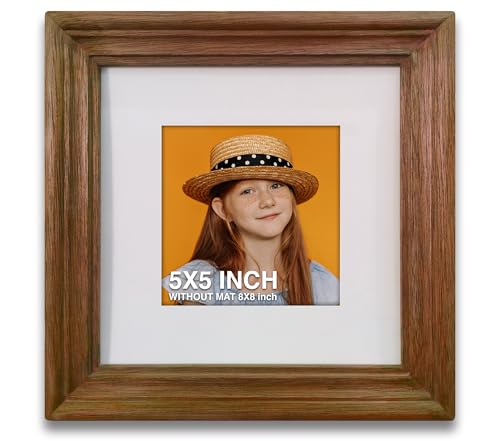 Image of 5 X 5 Inch Wooden Square Photo Frame With Mat, Brown Photo Frame 5 X 5 Inch With Mat Or 8 X 8 Inch Without Mat For Wall Decoration, Best Wooden Photo Frame For Posters And Photos