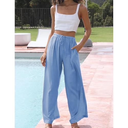 Image of Duyang Womens Cotton Linen Palazzo Pants Drawstring Elastic Waist Casual Wide Leg Trousers with Pockets