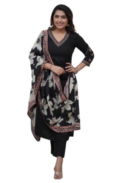 gosriki Women Viscose Straight Embroidered Kurta Pant Dupatta Set | Ladies Ethnic Kurti Bottom Set with Floral Dupatta | Indian Wear for Office, Casual, Festive Use-picture-35