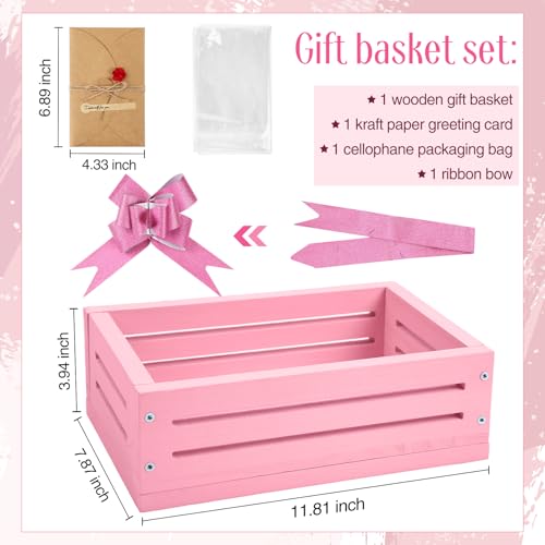 Image of Wonderjune Wooden Baskets for Back to School Gifts Empty Wood Basket with Cellophane Bag Ribbon Greeting Card for Birthday Baby Shower Wedding Housewarming Gifts Packaging(Pink,Small)