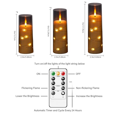 Image of Sasigeiaa Flameless Candles with Embedded Star String - Battery Operated LED Candles, with Remote,12 Grey Flickering Candles for Christmas, Weddings, Home Decor & Party,(D 2.3 inchxH 5 inch 6 inch 7 inch)