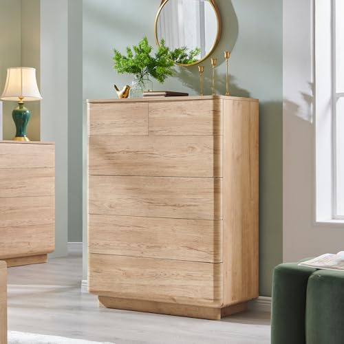 ACCOHOHO 6 Drawer Dresser for Bedroom, 42 Inch Tall Modern Chest of Drawers, Push-to-Open Wood Storgae Organizer with Large Drawers for Bedroom, Living Room, Hallway, Natural Oak