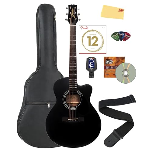 Jasmine S34C NEX Orchestra-Style Cutaway Acoustic Guitar - Black Bundle with Gig Bag, Tuner...