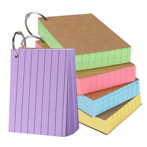 500 Stück Karteikarten A7, 150g/m² Karteikarten Liniert Flash Cards Lernkarten Bunt mit 5 Binderinge 10 Kraftpapierkarten für Schule Büro Zuhause Unterwegs Lernen Notizen (5 Farben)