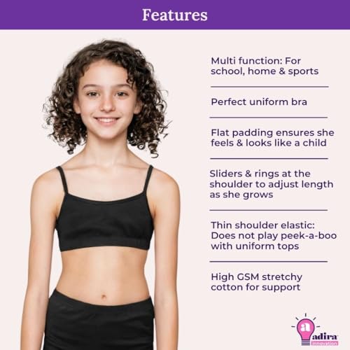 Image of ADIRA | Beginners Bra for Girls 13-14 Years | Flat Padding for Nipple Coverage | Comfortable Strecthy Cotton | Comfy-Breathable Beginners Bra & Super Soft Material | Pack of 3