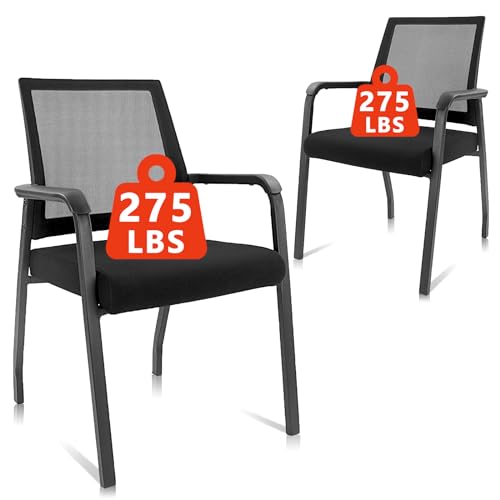 Image of KLASIKA Desk Chair No Wheels, Waiting Room Office Guest Chairs with Lumbar Support and Mid Back Mesh Space Air Grid Series for Reception Conference Room for Office School Church, 2Pack Black