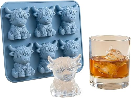 Mini Highland Cow Ice Cube Mold, 3D Silikonform für Eiswürfel in Kuhform, lustige Tiereisform für Whiskey Cocktail Bourbon, Geschenk für Kuhliebhaber Freunde Party Hausbar (Himmelblau A)
