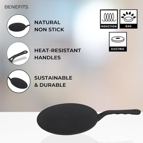 Image of Pencil Pre-Seasoned Cast Iron Roti /Chapati Tawa 25 cm | Compatible with Gas Stoves & Induction | Naturally Nonstick | 100% Pure & Toxin-Free | No Chemical Coating | Dishwasher Safe | Durable | Black