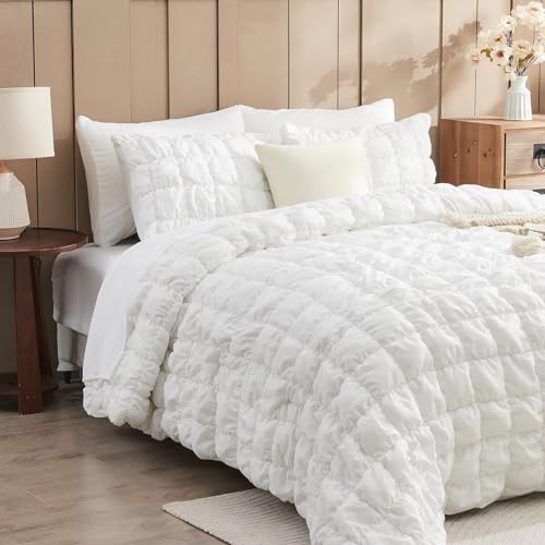 Image of White Comforter Set Full Size Bed in A Bag 7 Piece Pinch Pleat Bedding Set, Pintuck Ruched Square Bed Set with Comforter, Sheets, Pillowcases & Shams