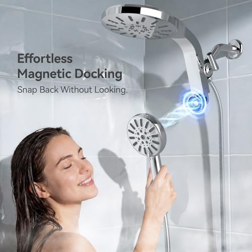 Image of INAVAMZ High Pressure Rain Shower Head Combo with Magnetic Handheld Silver | Dual Shower System with Rainfall Showerhead and 8-Spray Handheld, Magnetic Dock, Adjustable Angle, Power Jet for Cleaning