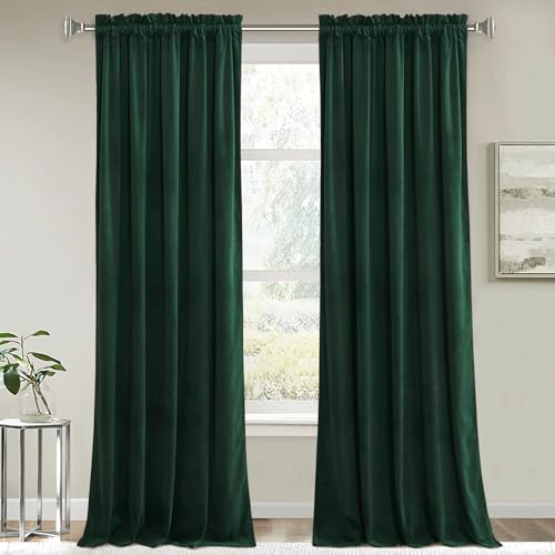 Image of RYB HOME Green Velvet Blackout Curtains 100 inches Long for Dining Room | Thermal Insulated, OEKO-TEX Certified, Rod Pocket, for Cozy Home Aesthetics Living Room, W52 x L100, 2 Panels Set