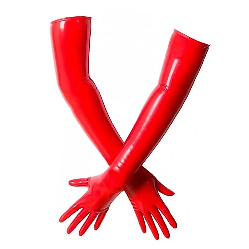 EXLATEX Women's Latex Black Long Gloves Outfits (Small, Red)