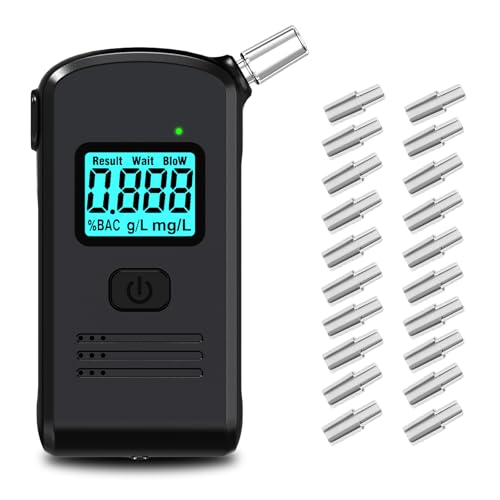 PEHTIY Breathalyzer & Alcohol Tester with 20 Mouthpieces, Professional Breathalysers Portable Alcohol Breath Tester with Digital Blue LCD Display