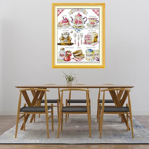 Image of Rosyfoxes Cross Stitch Kits Stamped Full Range of Embroidery Starter Kits for Beginners DIY 11CT 3 Strands - Printed kit Tea Time (2)(Printed) 18.1x22 inches