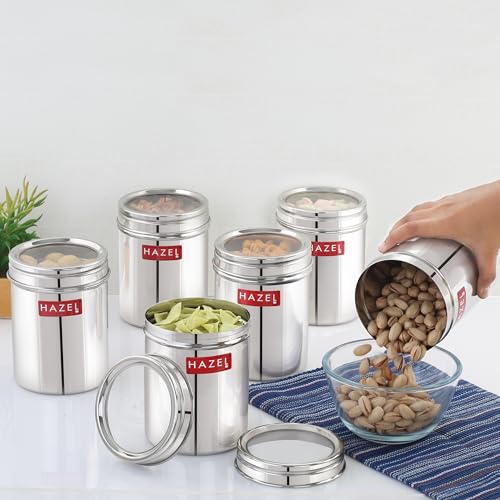 Image of HAZEL Stainless Steel Kitchen Container with Transparent Lid | Top See Through Kitchen Container Set with Matt Finish | Multipurpose Container for Kitchen Storage, 1100 ML, Set of 6