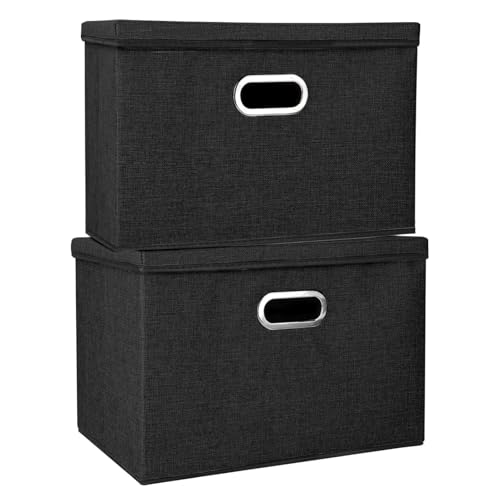 Foldable Storage Boxes with Lids Fabric Collapsible Storage Bins Wardrobe Closet Home Baskets Containers with Cover for Underwear Clothes CDs Arts and Crafts Toys (Black, 2Pack 45x30x30cm)